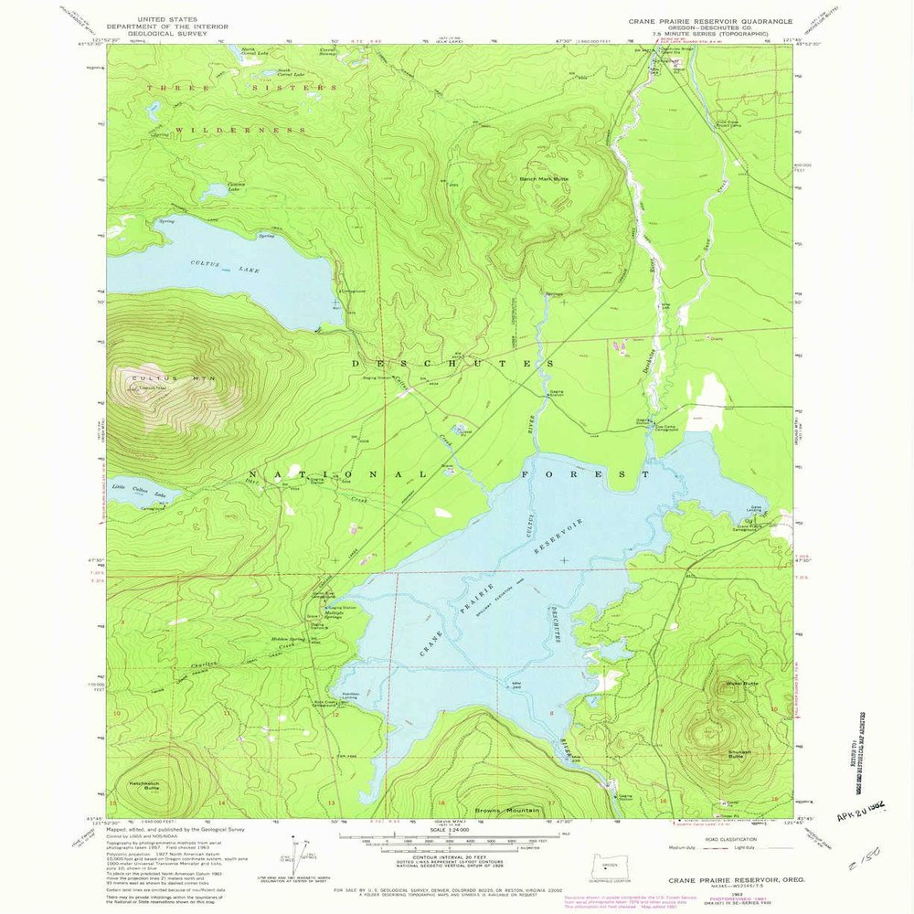 YellowMaps Crane Prairie Reservoir OR topo map, 1:24000 Scale, 7.5 X 7.5 Minute, Historical, 1963, Updated 1981, 26.9 x 22 in - Tyvek