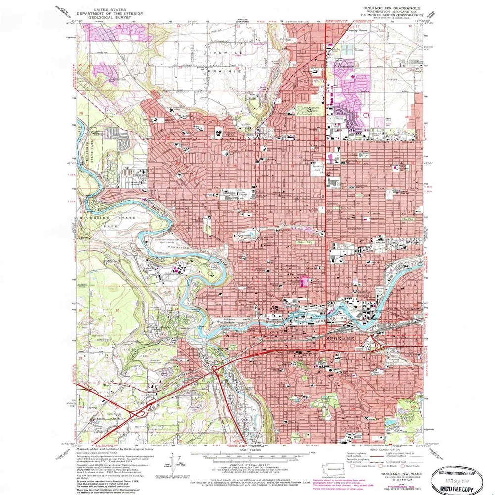 YellowMaps Spokane NW WA topo map, 1:24000 Scale, 7.5 X 7.5 Minute, Historical, 1974, Updated 1986, 27 x 22.1 in - Polypropylene