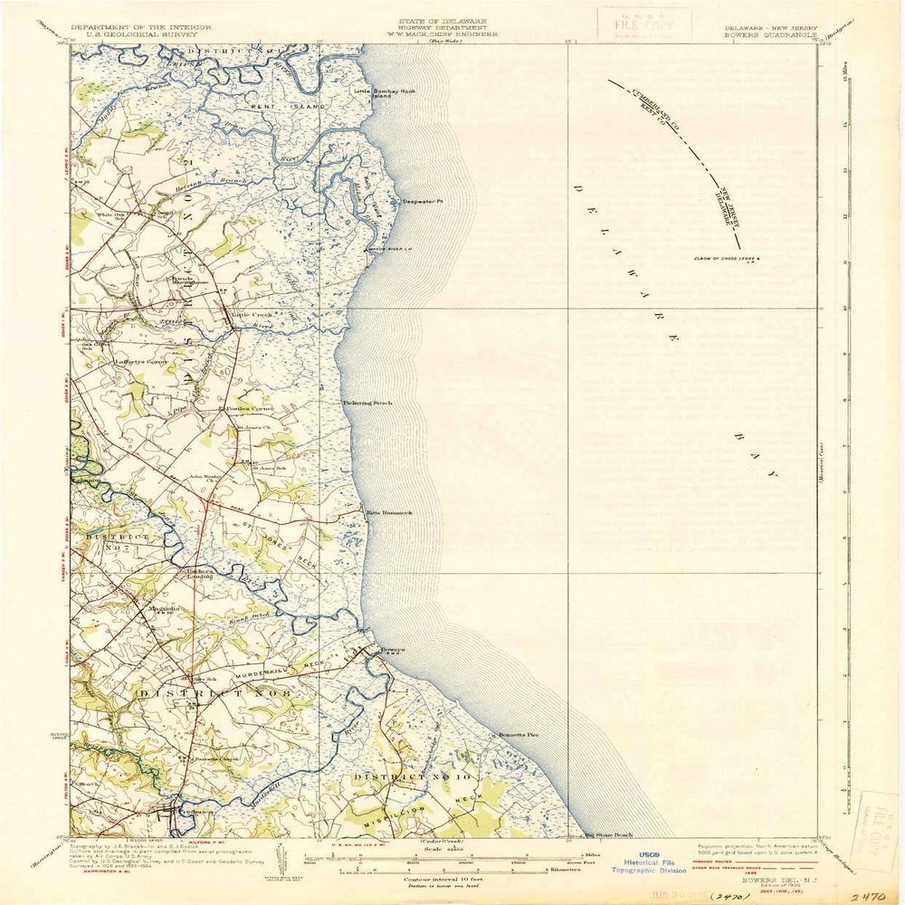 YellowMaps Bowers DE topo map, 1:62500 Scale, 15 X 15 Minute, Historical, 1936, 19.9 x 16.5 in - Tyvek