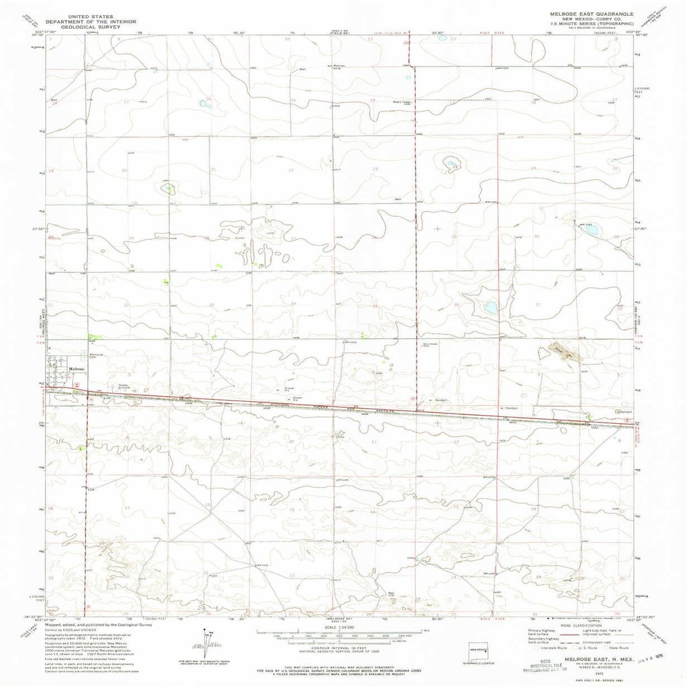 Melrose East NM topo map, 1:24000 Scale, 7.5 X 7.5 Minute, Historical, 1972, Updated 1975, 26.8 x 22 in - Polypropylene