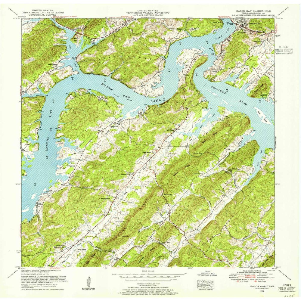 YellowMaps Bacon Gap TN topo map, 1:24000 Scale, 7.5 X 7.5 Minute, Historical, 1952, Updated 1955, 27.5 x 22 in - Polypropylene