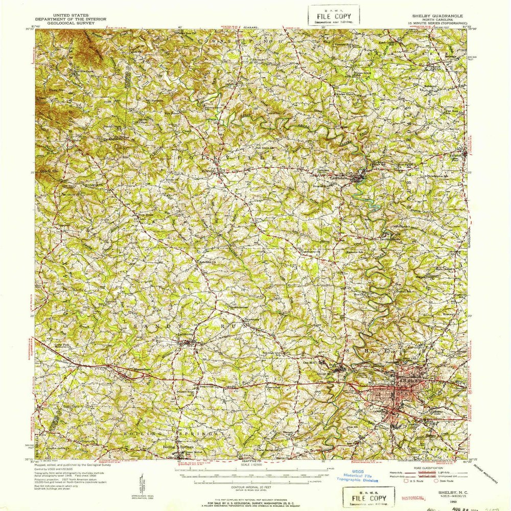 YellowMaps Shelby NC topo map, 1:62500 Scale, 15 X 15 Minute, Historical, 1950, Updated 1952, 20.7 x 16.9 in - Polypropylene