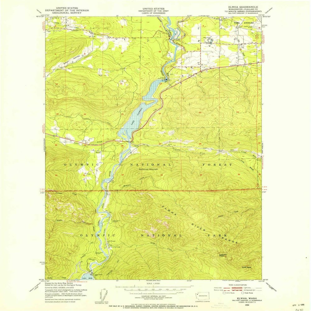 YellowMaps Elwha WA topo map, 1:24000 Scale, 7.5 X 7.5 Minute, Historical, 1950, Updated 1955, 26.9 x 22 in - Polypropylene
