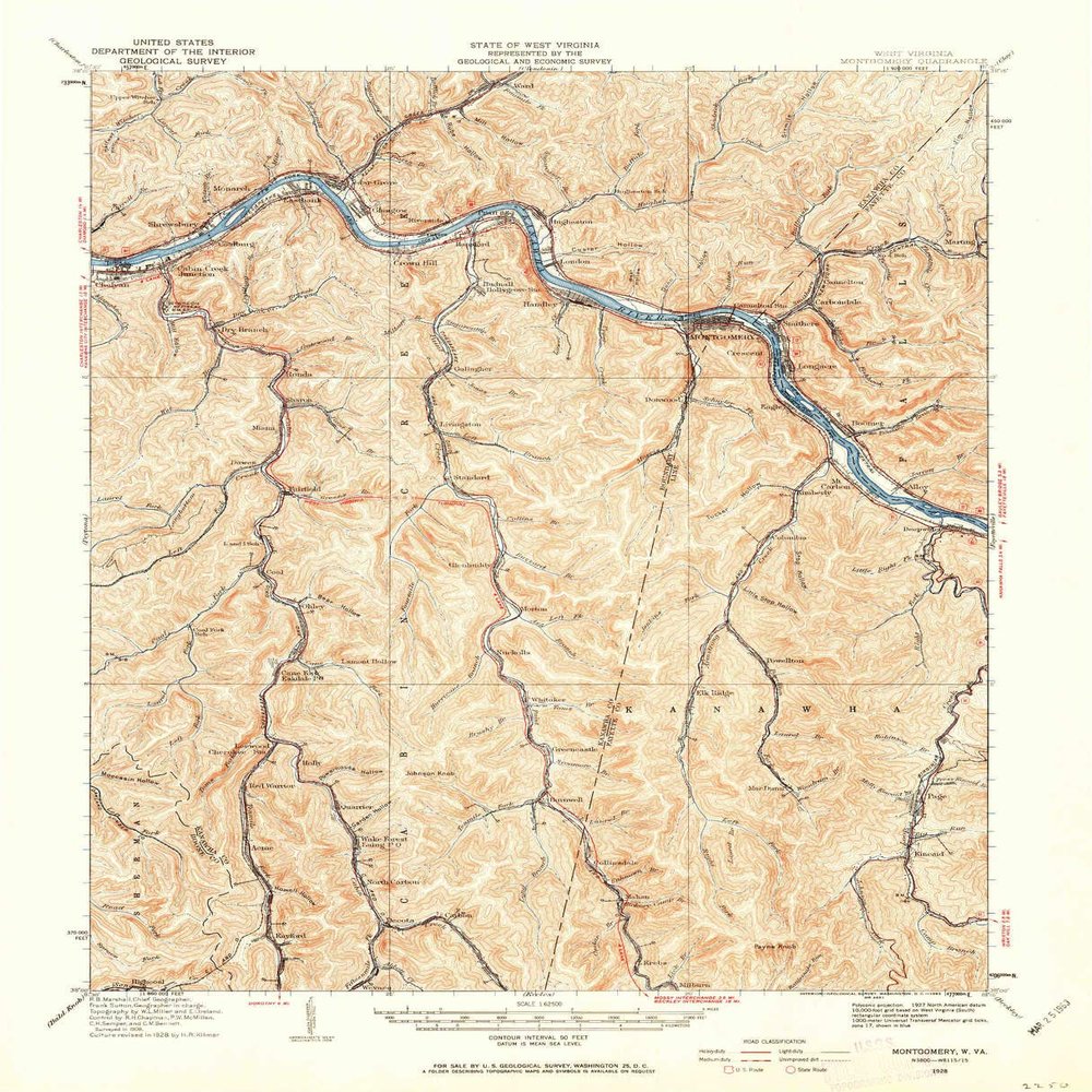 YellowMaps Montgomery WV topo map, 1:62500 Scale, 15 X 15 Minute, Historical, 1928, Updated 1963, 20.8 x 16.8 in - Tyvek