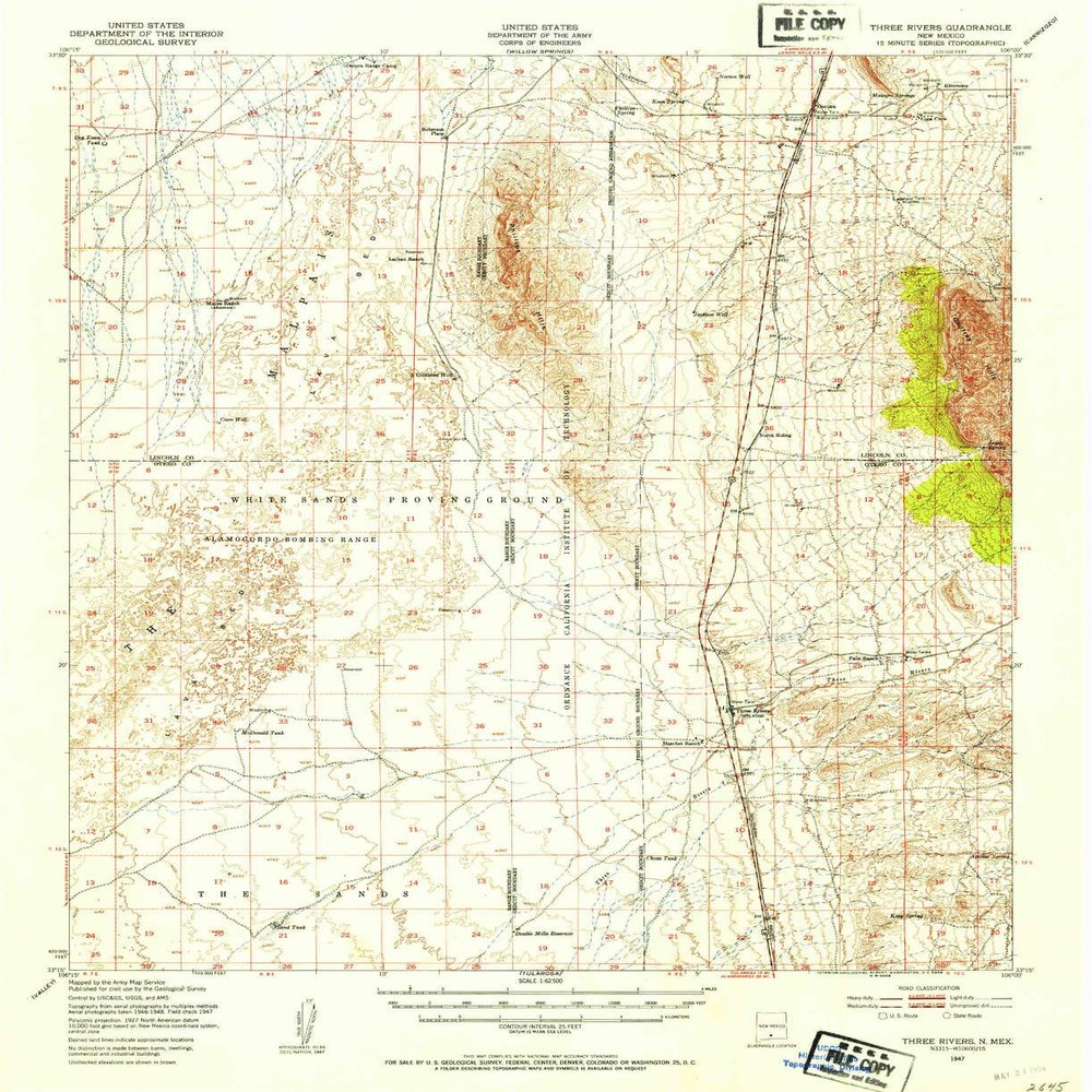 YellowMaps Three Rivers NM topo map, 1:62500 Scale, 15 X 15 Minute, Historical, 1947, Updated 1954, 20.9 x 17 in - Polypropylene