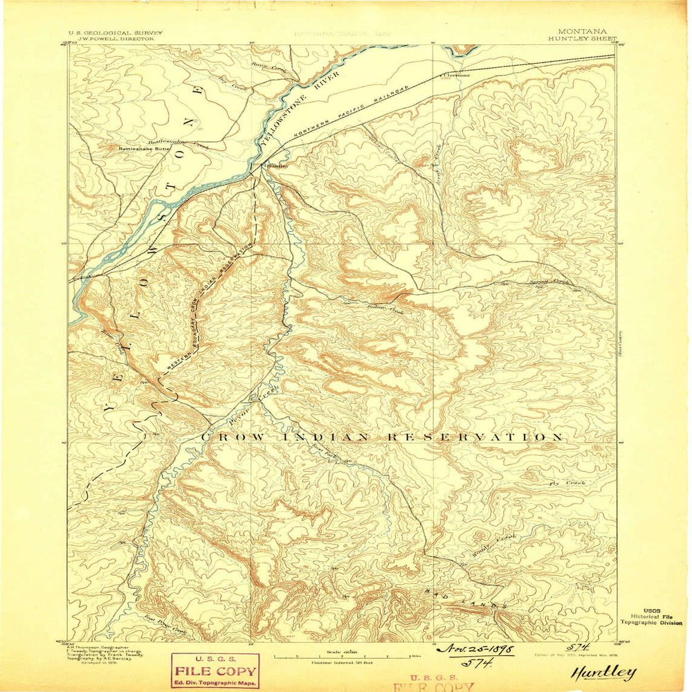 YellowMaps Huntley MT topo map, 1:125000 Scale, 30 X 30 Minute, Historical, 1893, Updated 1898, 20.3 x 15.5 in - Tyvek