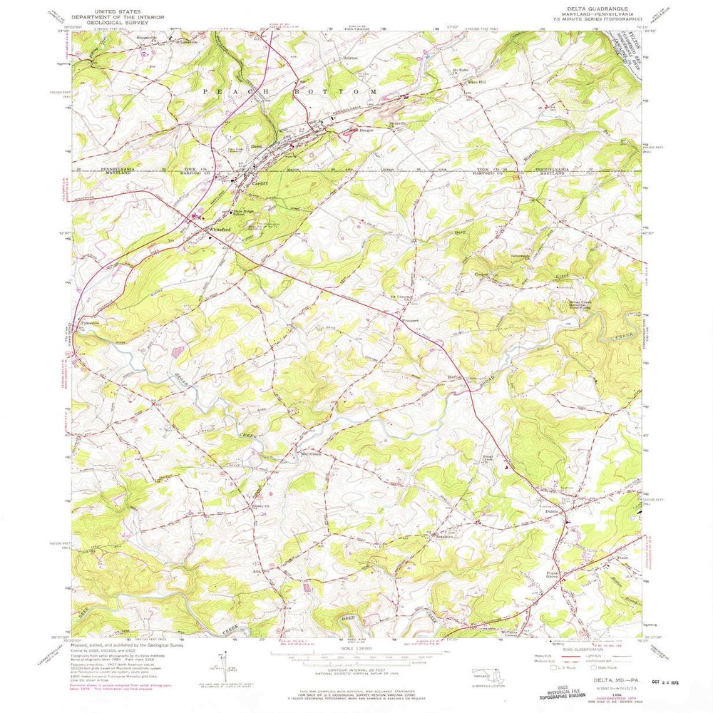 YellowMaps Delta PA topo map, 1:24000 Scale, 7.5 X 7.5 Minute, Historical, 1956, Updated 1975, 26.8 x 22 in - Polypropylene