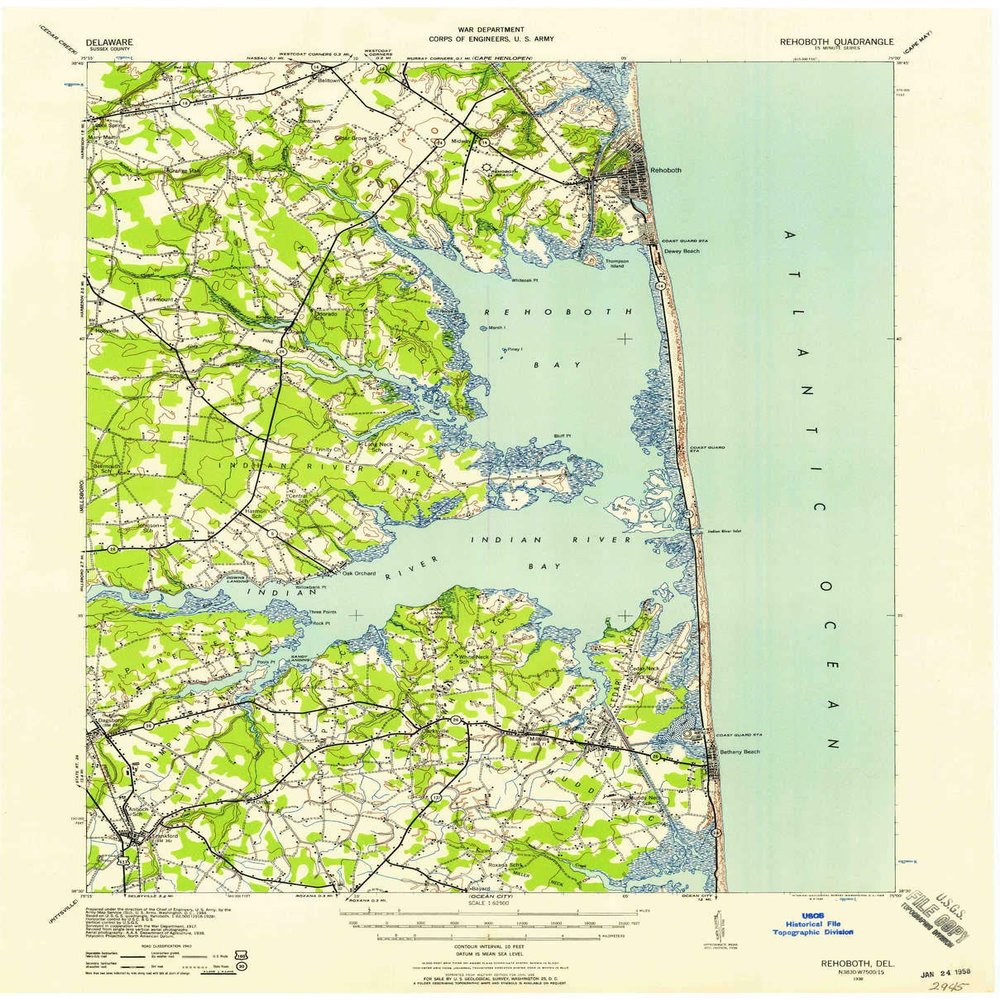 YellowMaps Rehoboth DE topo map, 1:62500 Scale, 15 X 15 Minute, Historical, 1938, Updated 1958, 21.1 x 17 in - Tyvek