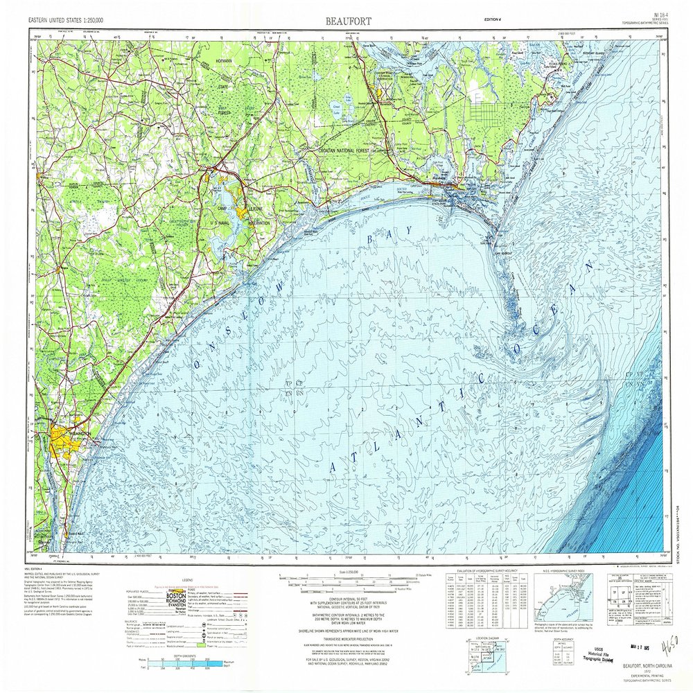 YellowMaps Beaufort NC topo map, 1:250000 Scale, 1 X 2 Degree, Historical, 1972, Updated 1975, 23.6 x 32 in - Polypropylene