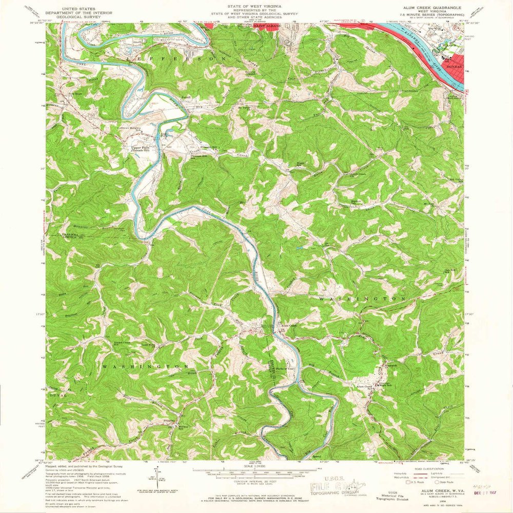 YellowMaps Alum Creek WV topo map, 1:24000 Scale, 7.5 X 7.5 Minute, Historical, 1958, Updated 1967, 26.7 x 22 in - Polypropylene