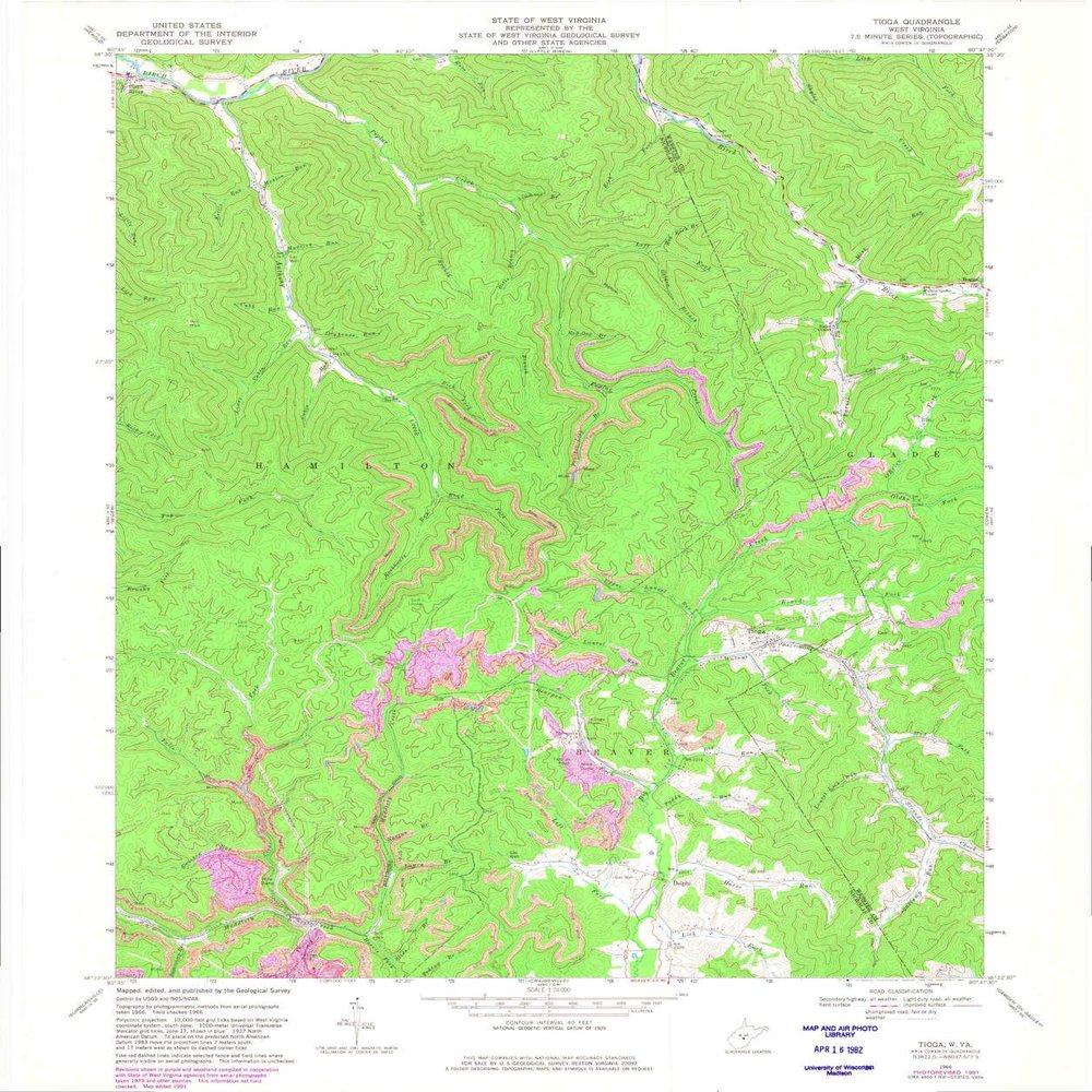 YellowMaps Tioga WV topo map, 1:24000 Scale, 7.5 X 7.5 Minute, Historical, 1966, Updated 1982, 26.9 x 22.5 in - Polypropylene