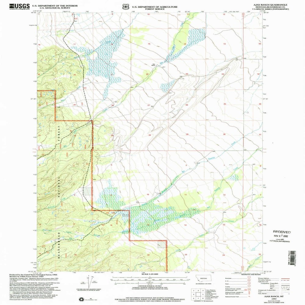 YellowMaps Ajax Ranch MT topo map, 1:24000 Scale, 7.5 X 7.5 Minute, Historical, 1997, Updated 2002, 26.9 x 21.7 in - Polypropylene