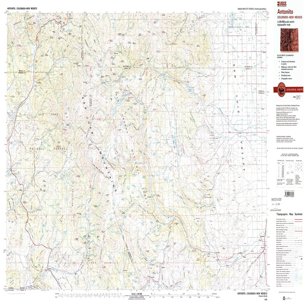 YellowMaps Antonito CO topo map, 1:100000 Scale, 30 X 60 Minute, Historical, 1985, Updated 1985, 24.1 x 40.9 in - Polypropylene