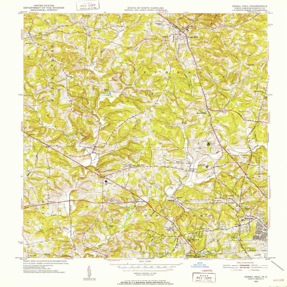 YellowMaps Rural Hall NC topo map, 1:24000 Scale, 7.5 X 7.5 Minute, Historical, 1951, Updated 1952, 26.7 x 21.7 in - Polypropylene