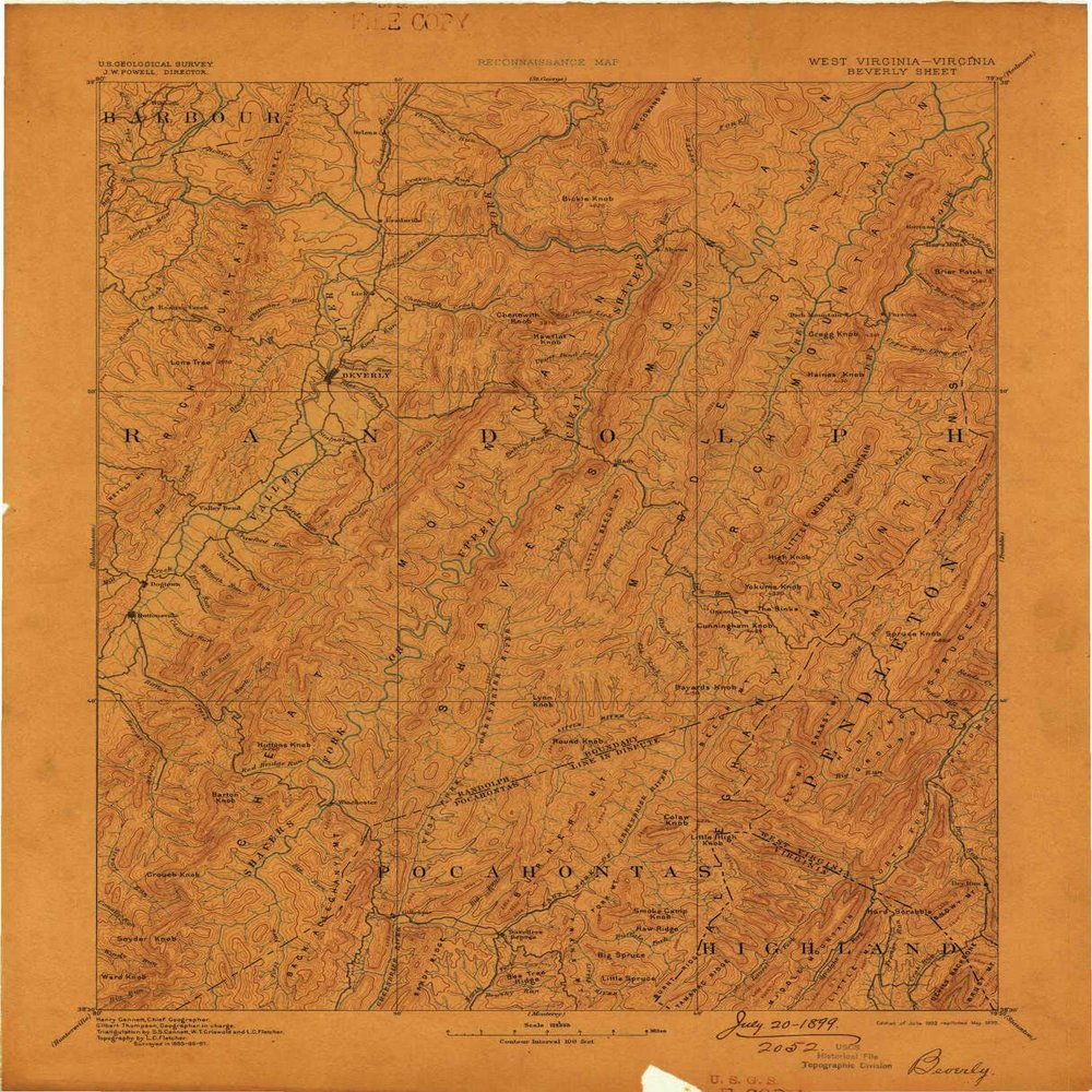 YellowMaps Beverly WV topo map, 1:125000 Scale, 30 X 30 Minute, Historical, 1892, Updated 1899, 20.6 x 16.6 in - Polypropylene