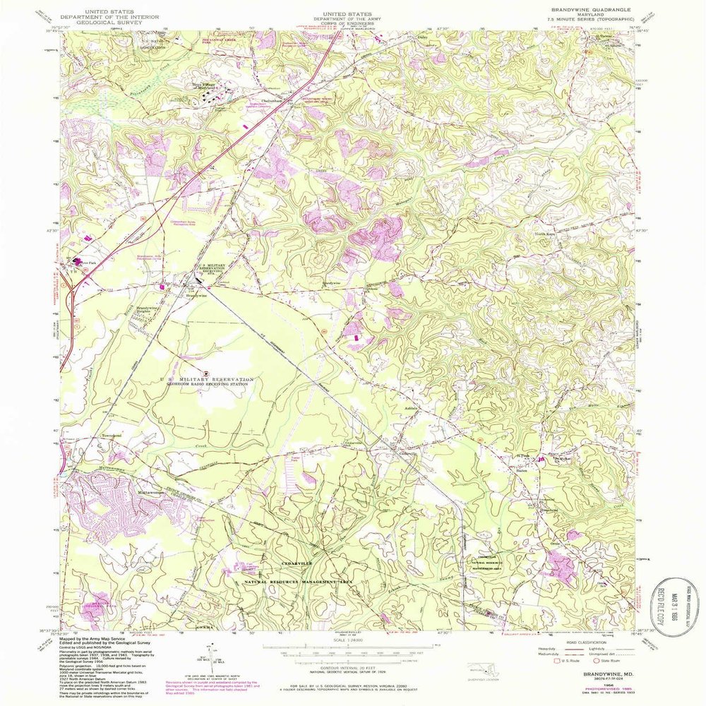 YellowMaps Brandywine MD topo map, 1:24000 Scale, 7.5 X 7.5 Minute, Historical, 1956, Updated 1986, 26.8 x 21.9 in - Polypropylene