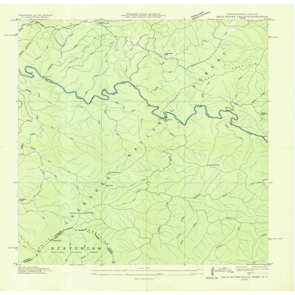 YellowMaps Bald River Falls TN topo map, 1:24000 Scale, 7.5 X 7.5 Minute, Historical, 1933, 27.4 x 22 in - Tyvek