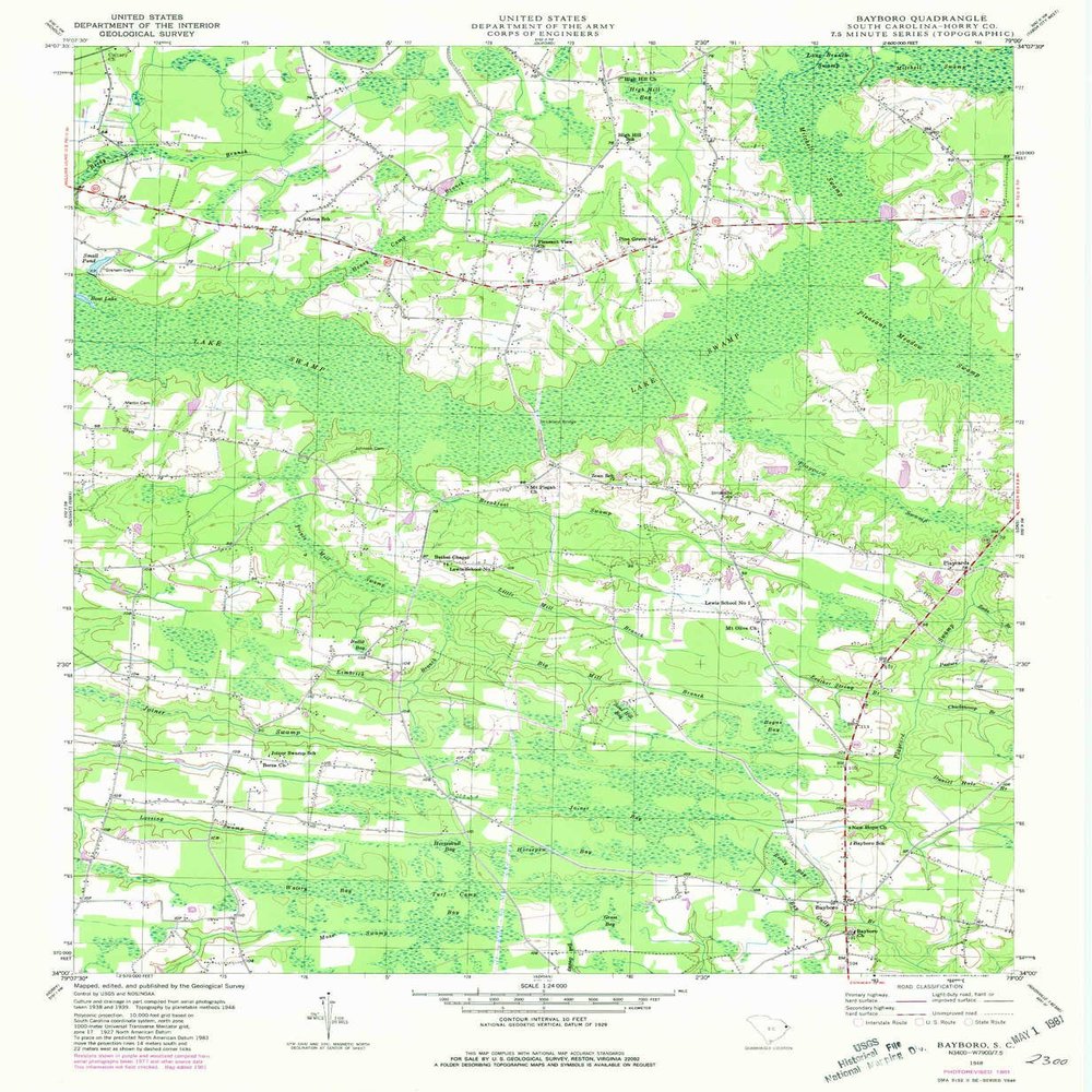 YellowMaps Bayboro SC topo map, 1:24000 Scale, 7.5 X 7.5 Minute, Historical, 1948, Updated 1981, 26.8 x 22 in - Polypropylene