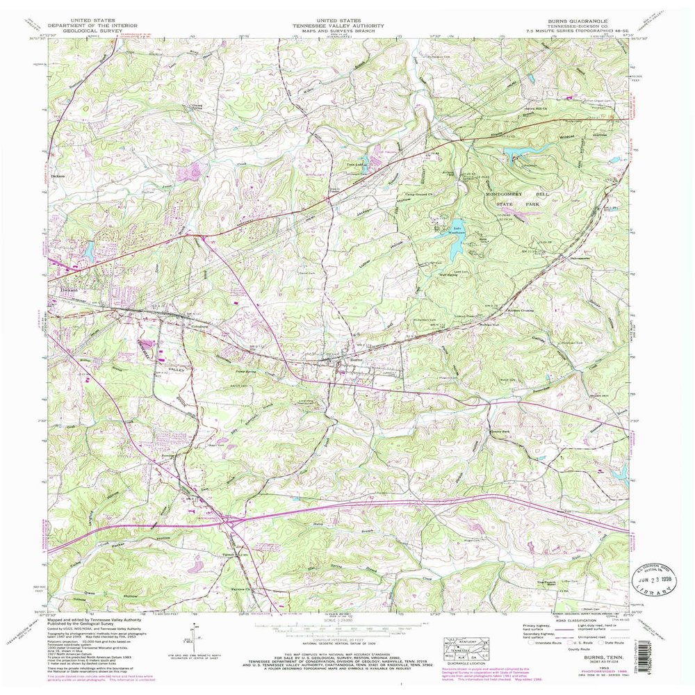YellowMaps Burns TN topo map, 1:24000 Scale, 7.5 X 7.5 Minute, Historical, 1953, Updated 1987, 27.5 x 22 in - Tyvek
