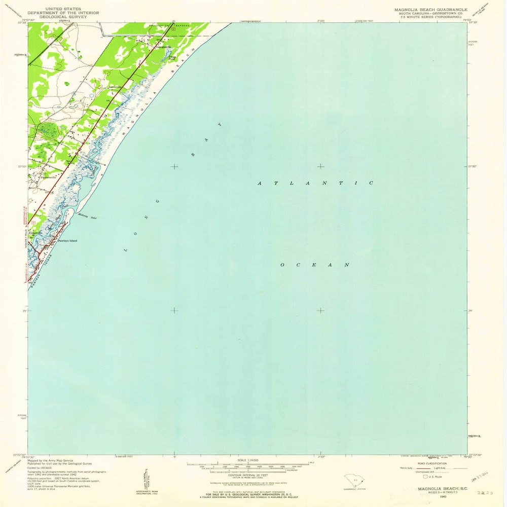 YellowMaps Magnolia Beach SC topo map, 1:24000 Scale, 7.5 X 7.5 Minute, Historical, 1942, Updated 1962, 26.7 x 22 in - Polypropylene