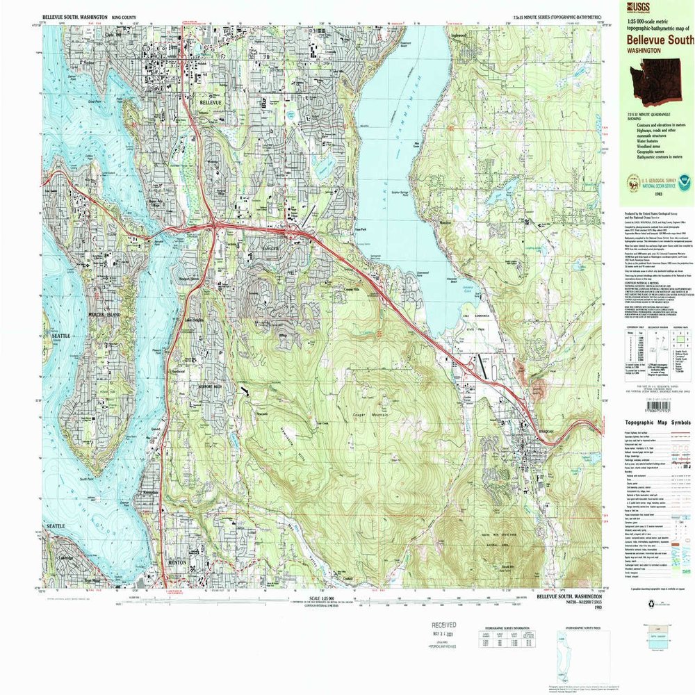 YellowMaps Bellevue South WA topo map, 1:25000 Scale, 7.5 X 15 Minute, Historical, 1983, Updated 1983, 27 x 36.8 in - Polypropylene