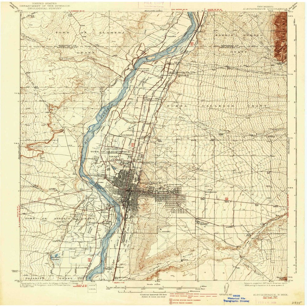 YellowMaps Albuquerque NM topo map, 1:62500 Scale, 15 X 15 Minute, Historical, 1938, 20 x 16.5 in - Polypropylene