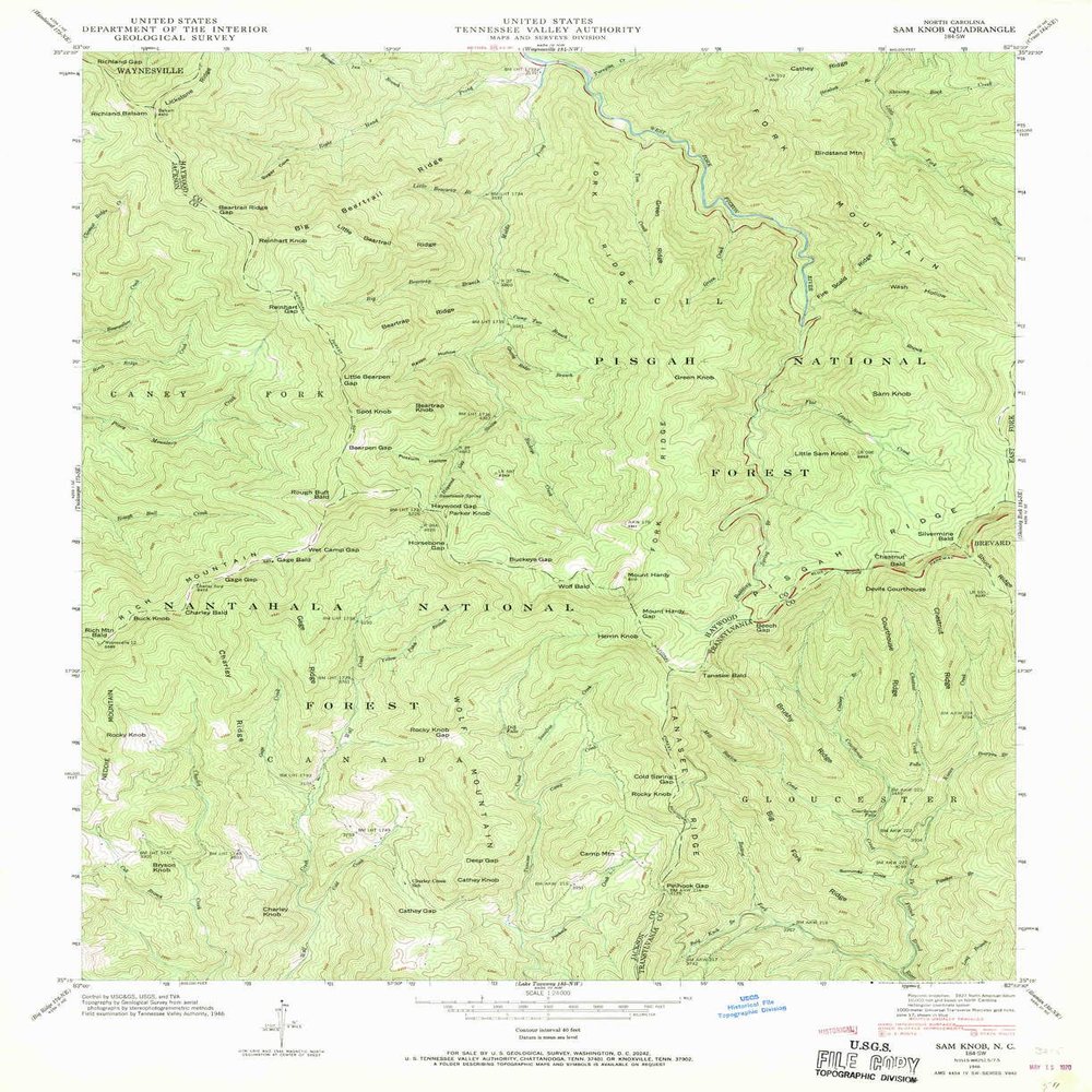 YellowMaps Sam Knob NC topo map, 1:24000 Scale, 7.5 X 7.5 Minute, Historical, 1946, Updated 1970, 26.8 x 21.8 in - Tyvek