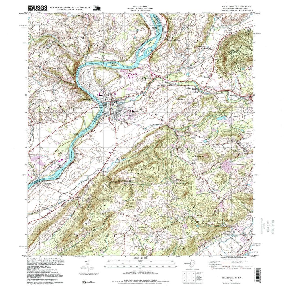 YellowMaps Belvidere NJ topo map, 1:24000 Scale, 7.5 X 7.5 Minute, Historical, 1997, Updated 1999, 26.9 x 22 in - Tyvek