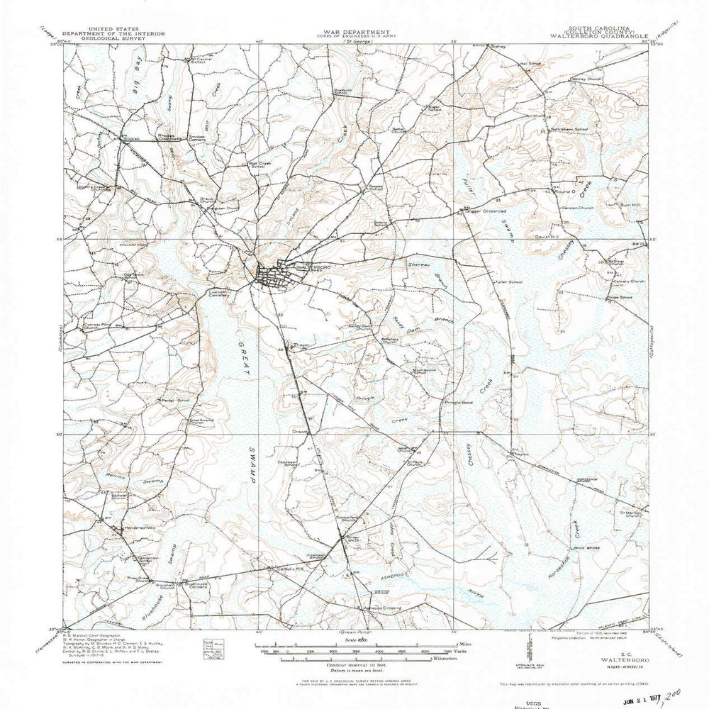 YellowMaps Walterboro SC topo map, 1:62500 Scale, 15 X 15 Minute, Historical, 1918, Updated 1942, 21.1 x 17.9 in - Tyvek