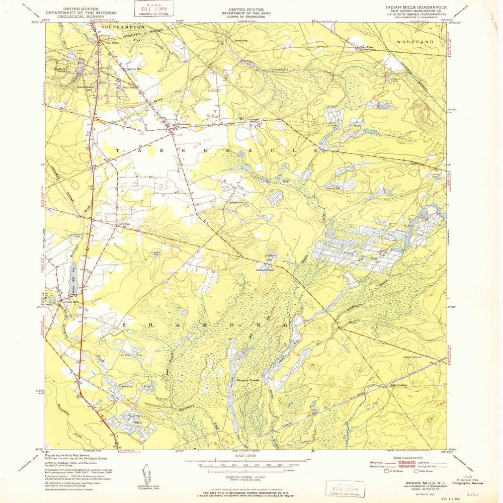 YellowMaps Indian Mills NJ topo map, 1:24000 Scale, 7.5 X 7.5 Minute, Historical, 1951, 26.8 x 22 in - Tyvek