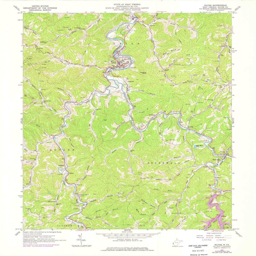 YellowMaps Wayne WV topo map, 1:24000 Scale, 7.5 X 7.5 Minute, Historical, 1962, Updated 1977, 27 x 22 in - Polypropylene