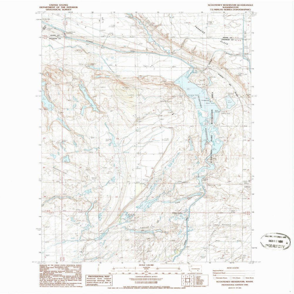 YellowMaps Scooteney Reservoir WA topo map, 1:24000 Scale, 7.5 X 7.5 Minute, Historical, 1986, Updated 1986, 27 x 22.1 in - Polypropylene