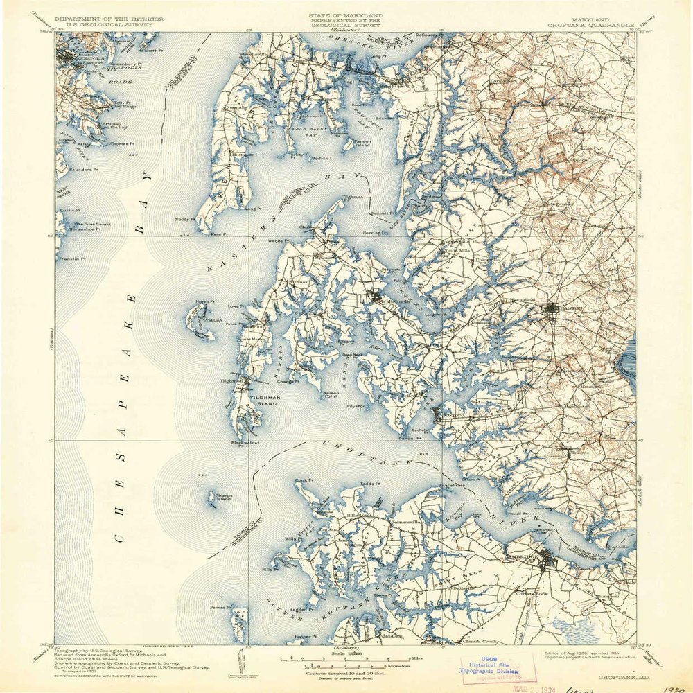 YellowMaps Choptank MD topo map, 1:125000 Scale, 30 X 30 Minute, Historical, 1908, Updated 1934, 19.8 x 16.4 in - Tyvek