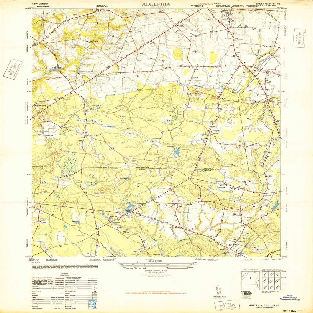 YellowMaps Adelphia NJ topo map, 1:24000 Scale, 7.5 X 7.5 Minute, Historical, 1947, 28.7 x 22 in - Polypropylene
