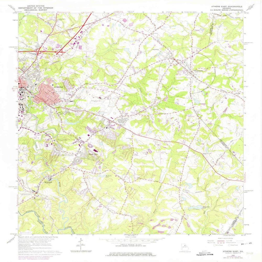 YellowMaps Athens East GA topo map, 1:24000 Scale, 7.5 X 7.5 Minute, Historical, 1964, Updated 1975, 27 x 22.1 in - Polypropylene