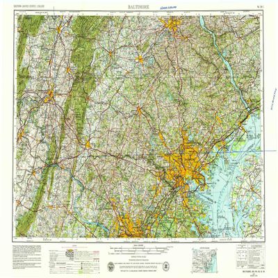 YellowMaps Baltimore MD topo map, 1:250000 Scale, 1 X 2 Degree, Historical, 1957, Updated 1979, 21.9 x 30.9 in - Polypropylene