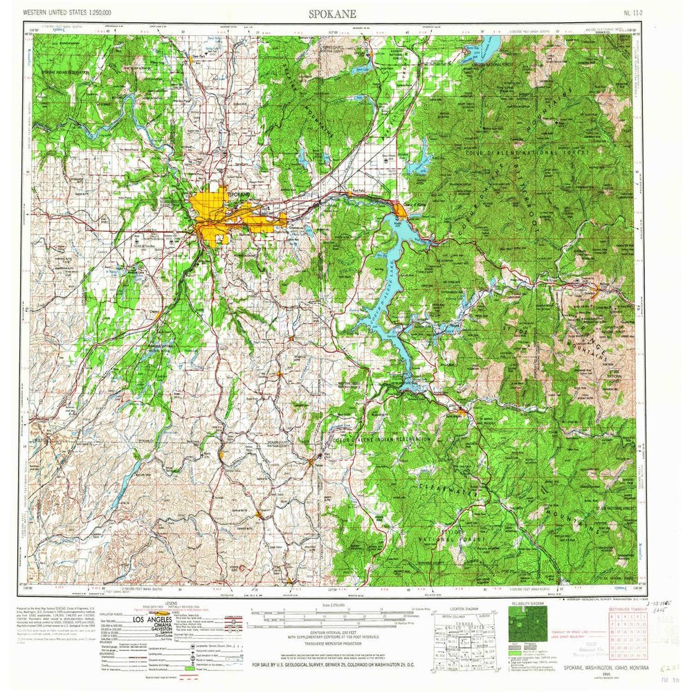 YellowMaps Spokane WA topo map, 1:250000 Scale, 1 X 2 Degree, Historical, 1955, Updated 1965, 22 x 27.2 in - Polypropylene