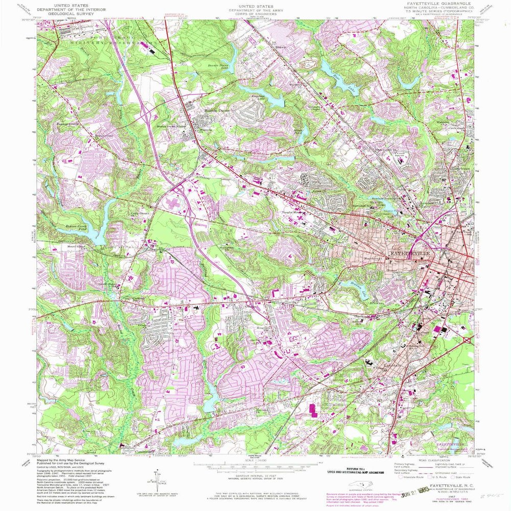 YellowMaps Fayetteville NC topo map, 1:24000 Scale, 7.5 X 7.5 Minute, Historical, 1957, Updated 1983, 26.8 x 21.9 in - Tyvek