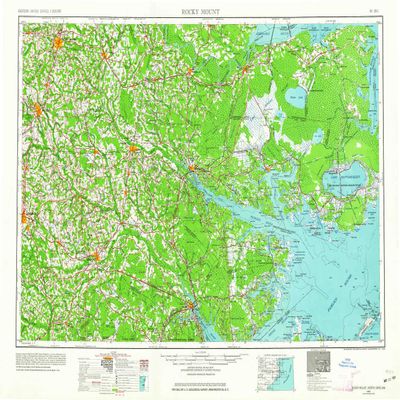YellowMaps Rocky Mount NC topo map, 1:250000 Scale, 1 X 2 Degree, Historical, 1953, Updated 1964, 22.1 x 32 in - Polypropylene