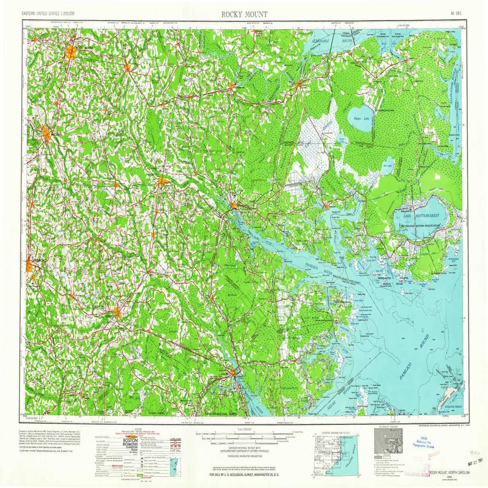YellowMaps Rocky Mount NC topo map, 1:250000 Scale, 1 X 2 Degree, Historical, 1953, Updated 1964, 22.1 x 32 in - Polypropylene