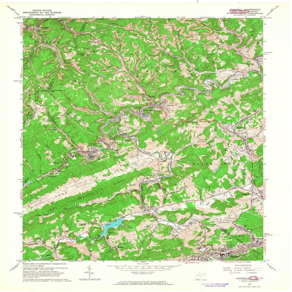 YellowMaps Bramwell WV topo map, 1:24000 Scale, 7.5 X 7.5 Minute, Historical, 1962, Updated 1964, 27.4 x 22.1 in - Polypropylene