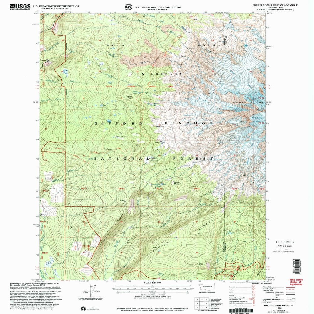YellowMaps Mount Adams West WA topo map, 1:24000 Scale, 7.5 X 7.5 Minute, Historical, 1998, Updated 2003, 26.9 x 22.1 in - Polypropylene