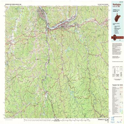 YellowMaps Huntington WV topo map, 1:100000 Scale, 30 X 60 Minute, Historical, 1982, Updated 1983, 24.2 x 41.4 in - Polypropylene