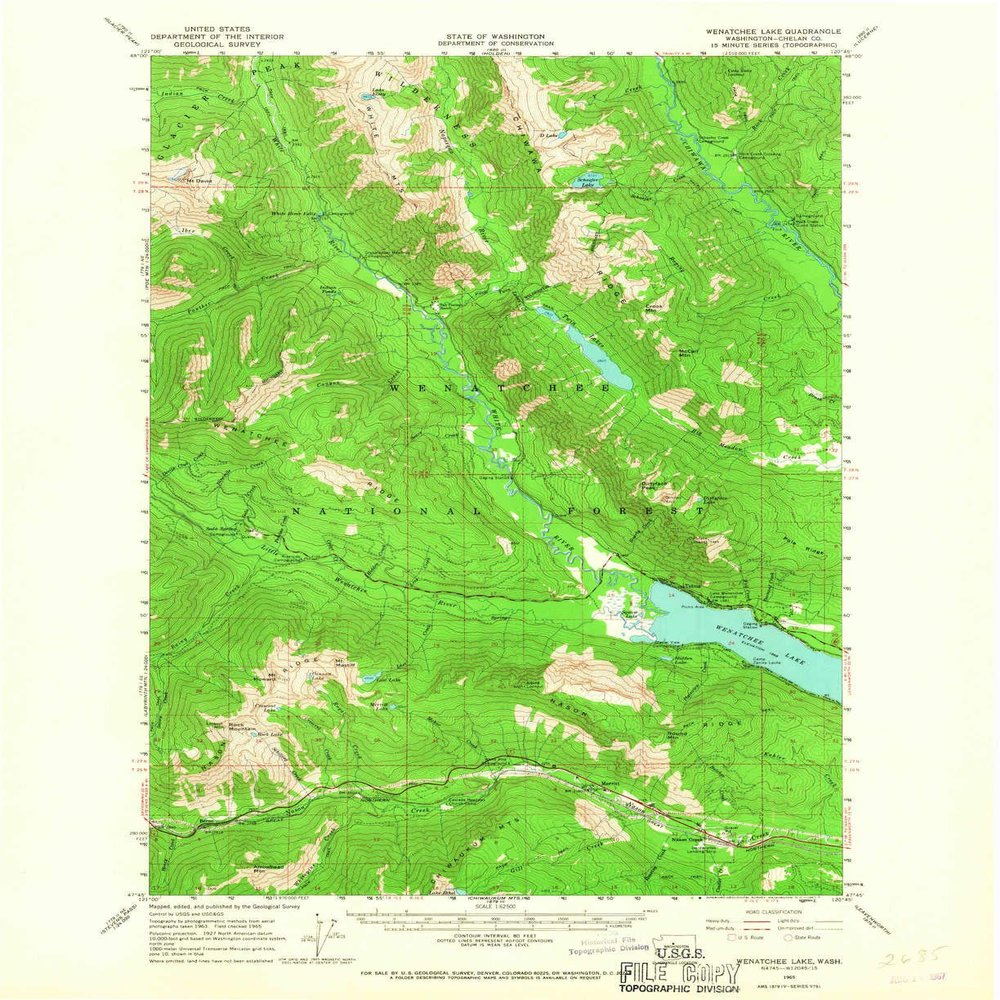 YellowMaps Wenatchee Lake WA topo map, 1:62500 Scale, 15 X 15 Minute, Historical, 1965, Updated 1967, 20.9 x 17 in - Polypropylene