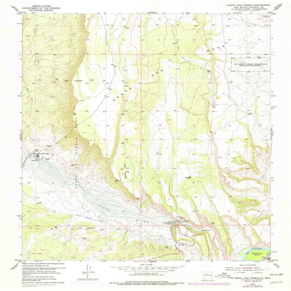 Santa Ana Pueblo NM topo map, 1:24000 Scale, 7.5 X 7.5 Minute, Historical, 1954, Updated 1978, 26.9 x 21.8 in - Polypropylene