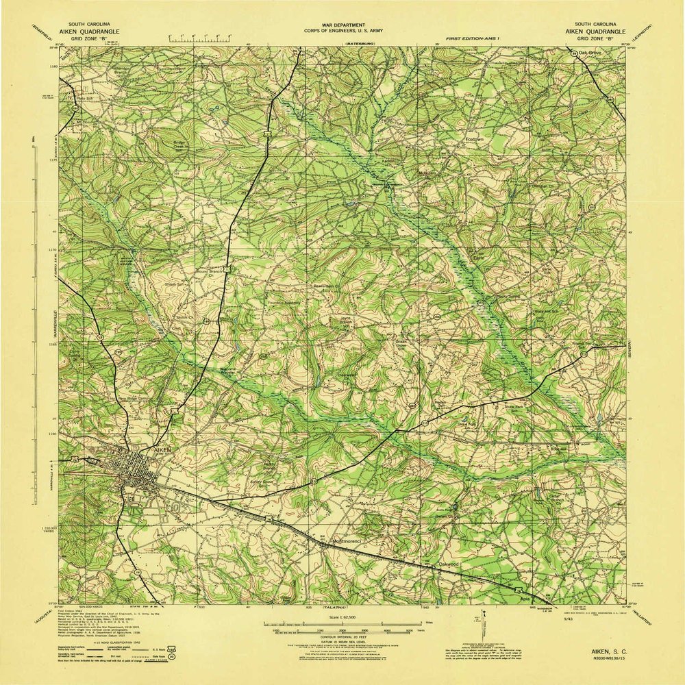 YellowMaps Aiken SC topo map, 1:62500 Scale, 15 X 15 Minute, Historical, 1943, 21.4 x 17.6 in - Polypropylene