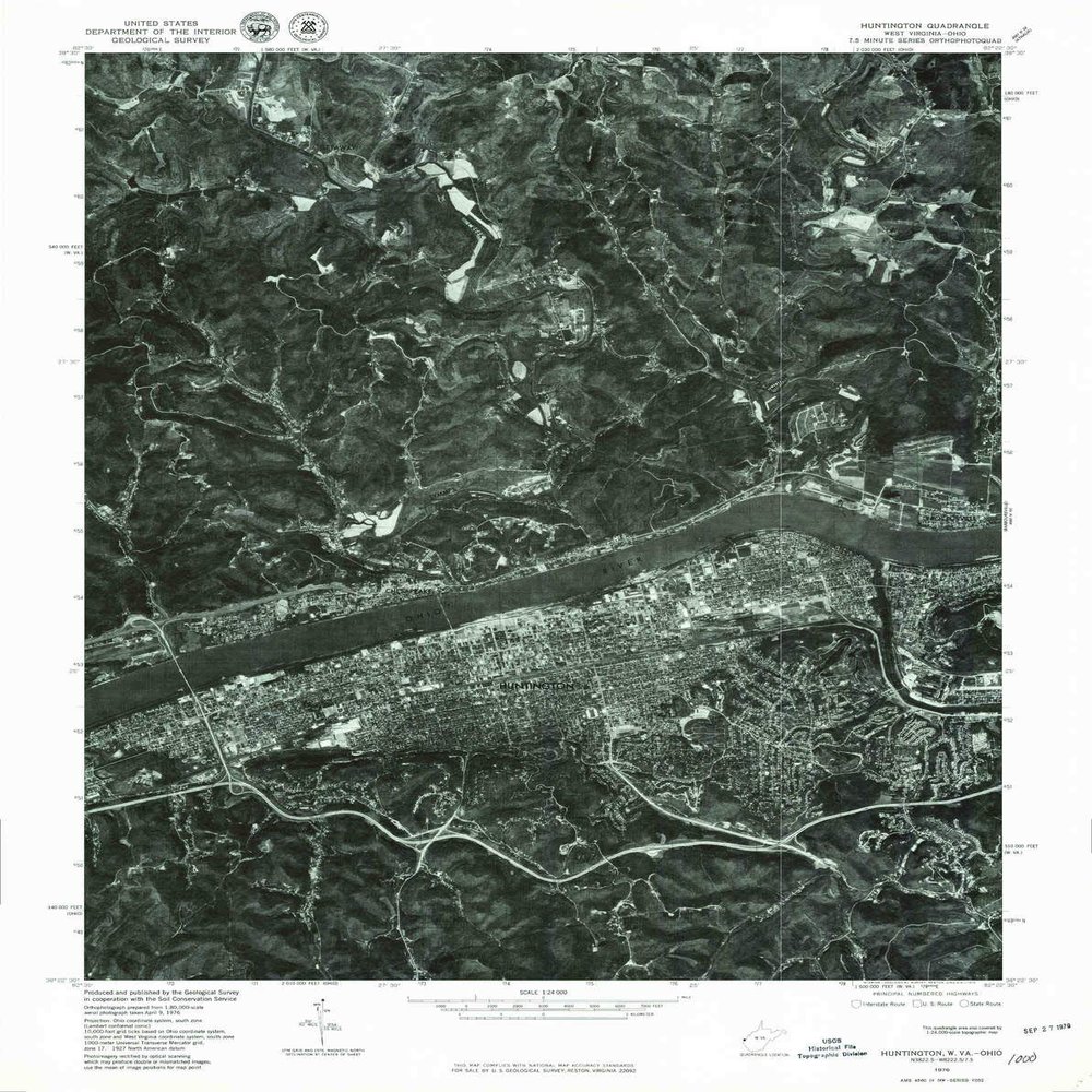 YellowMaps Huntington WV topo map, 1:24000 Scale, 7.5 X 7.5 Minute, Historical, 1976, Updated 1979, 26.7 x 21.2 in - Polypropylene