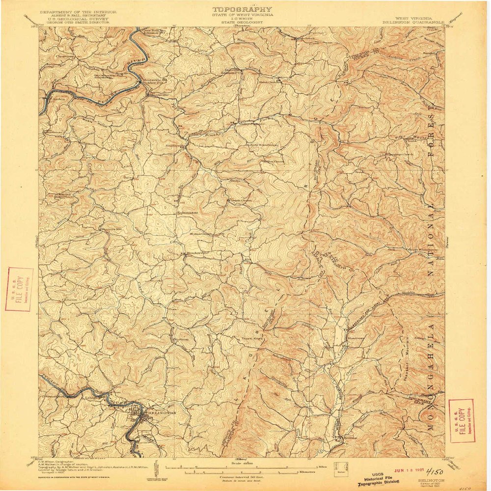 YellowMaps Belington WV topo map, 1:62500 Scale, 15 X 15 Minute, Historical, 1907, Updated 1921, 19.9 x 16.5 in - Polypropylene