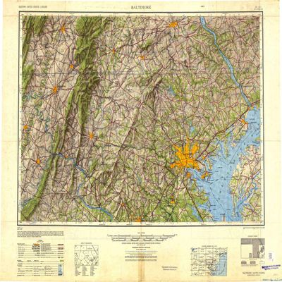 YellowMaps Baltimore MD topo map, 1:250000 Scale, 1 X 2 Degree, Historical, 1948, Updated 1948, 24 x 32 in - Tyvek