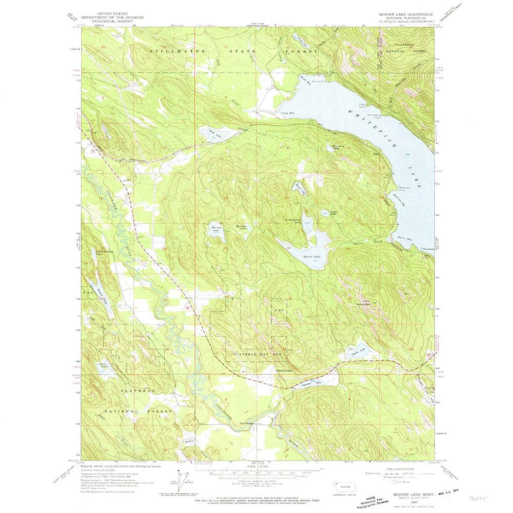 YellowMaps Beaver Lake MT topo map, 1:24000 Scale, 7.5 X 7.5 Minute, Historical, 1962, Updated 1974, 27 x 22 in - Polypropylene